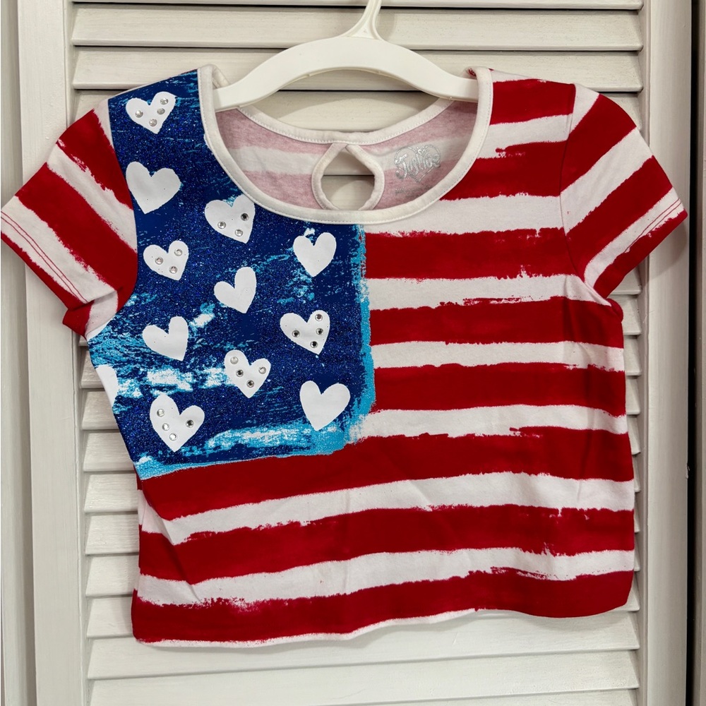 Girls size 10 Justice Patriotic Hearts and Stripes Short Sleeve Shirt